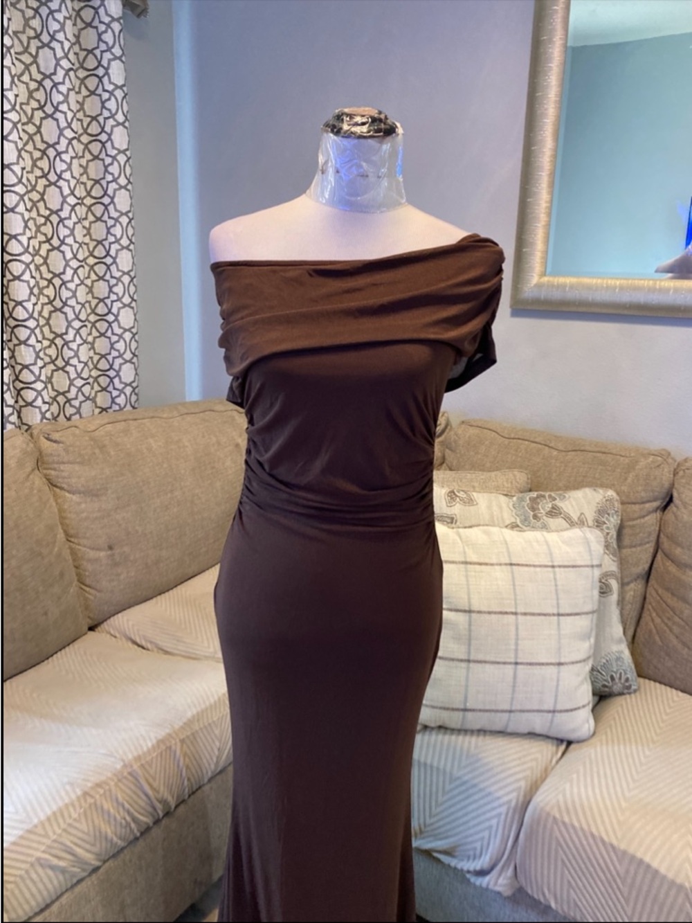 New Women Medium Off The Shoulder Brown Ruched Formal Dress - Picture 8 of 11